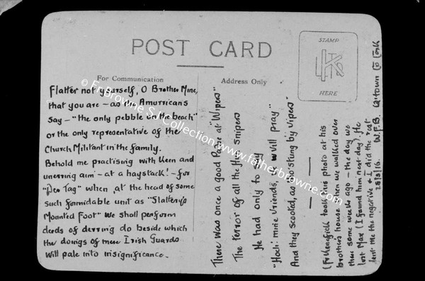 WILLIAM BROWNE HUMOROUS POSTCARD SENT TO FRANK DURING WWI